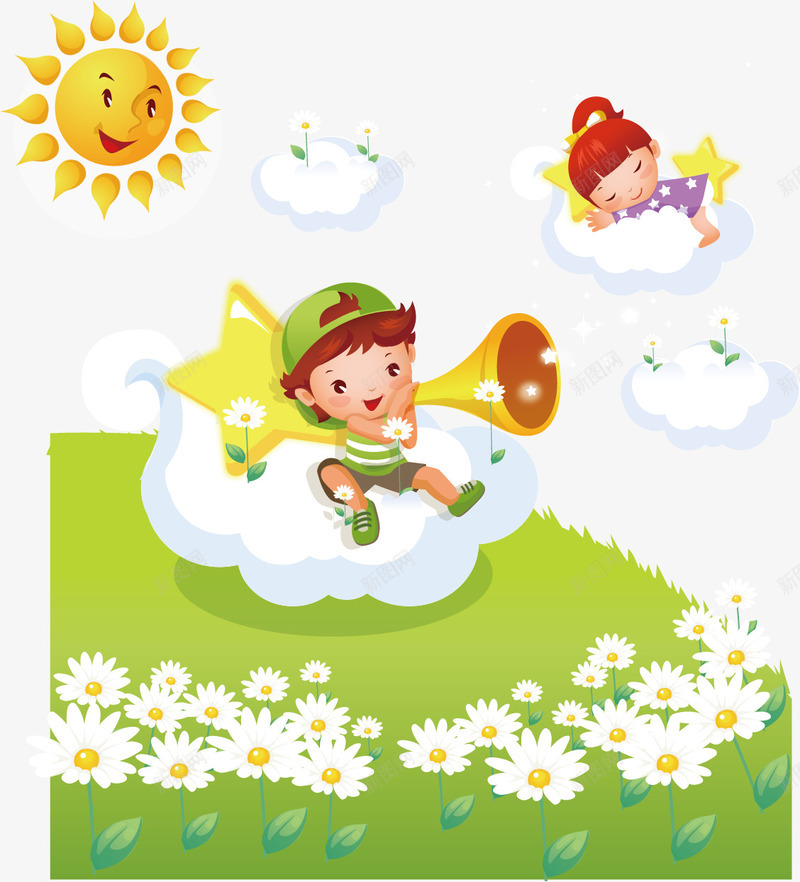 坐在云朵上吹喇叭矢量图ai免抠素材_88icon https://88icon.com 云朵 吹喇叭 太阳 白花 绿地 矢量图