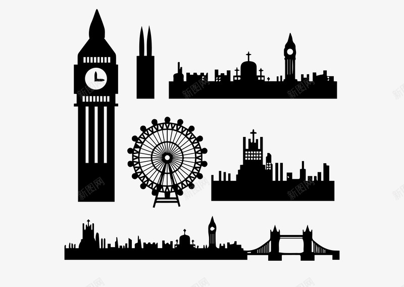 黑白剪影伦敦风景矢量图ai免抠素材_88icon https://88icon.com 伦敦塔桥 伦敦风景 剪影 黑白 矢量图