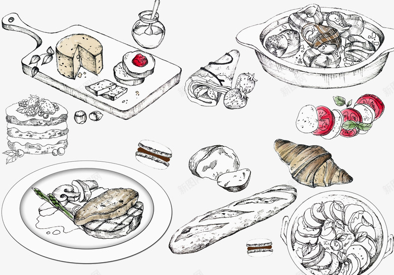 手绘黑白简约风面包西餐png免抠素材_88icon https://88icon.com 填色练习 法式长棍面包 法棍 牛角包 草莓 蛋糕 西餐 面包