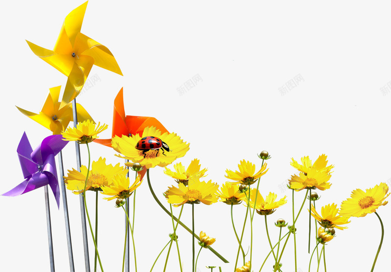 吹动的风车鲜花png免抠素材_88icon https://88icon.com 小黄花 瓢虫 装饰图案