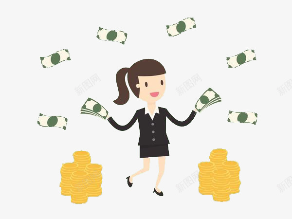 拿钱的女孩png免抠素材_88icon https://88icon.com 卡通 女孩 微笑 手绘 拿钱 漂浮 金币 金钱 钱币