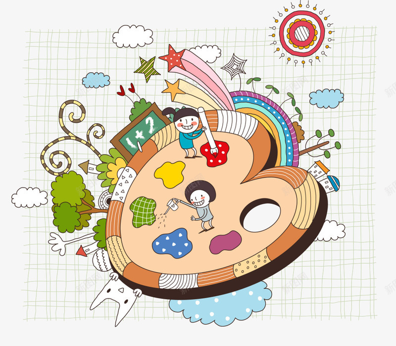 卡通创意调色板psd免抠素材_88icon https://88icon.com 云朵 卡通 太阳 彩色 星星 树木 格子 纹路 黑板