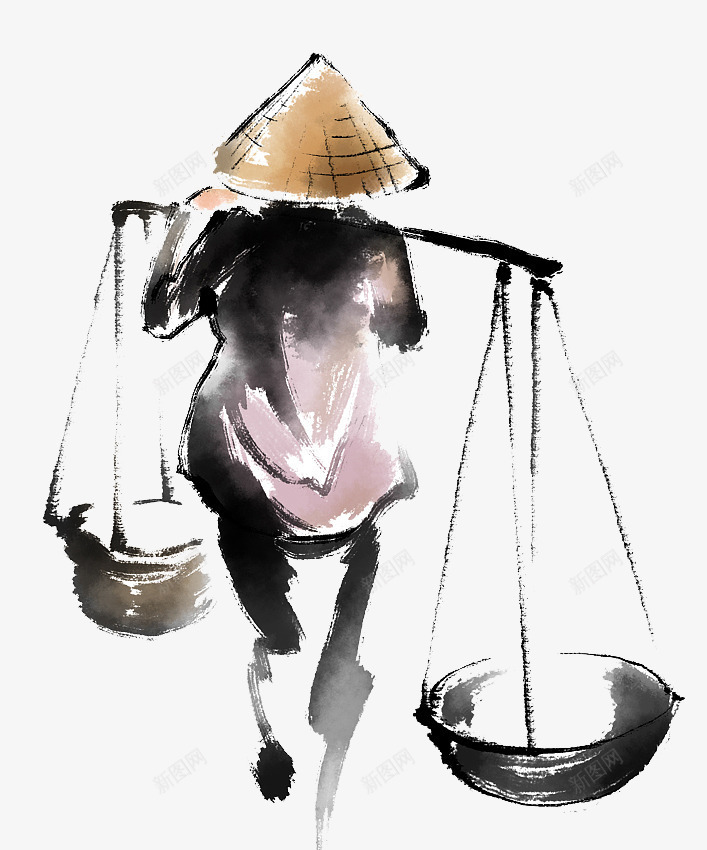 水墨国画挑担的孤单背影png免抠素材_88icon https://88icon.com 一个人 一个人的背影 孤单 孤单背影 寂寞 担水 挑夫 水墨国画 背影 黑白剪影