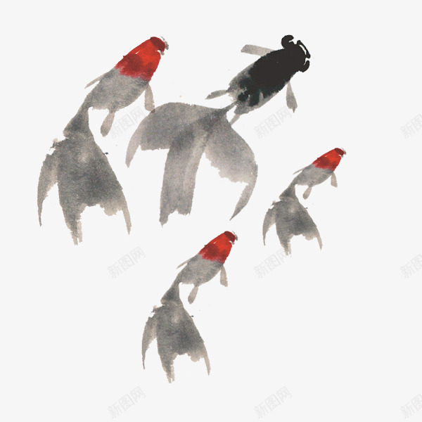 四条小金鱼psd免抠素材_88icon https://88icon.com 中国风 水中动物 水墨画风格 游动的鱼