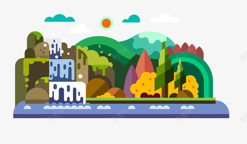 扁平化景观矢量图eps免抠素材_88icon https://88icon.com 云彩 扁平化景观 树 河流 矢量山 矢量图