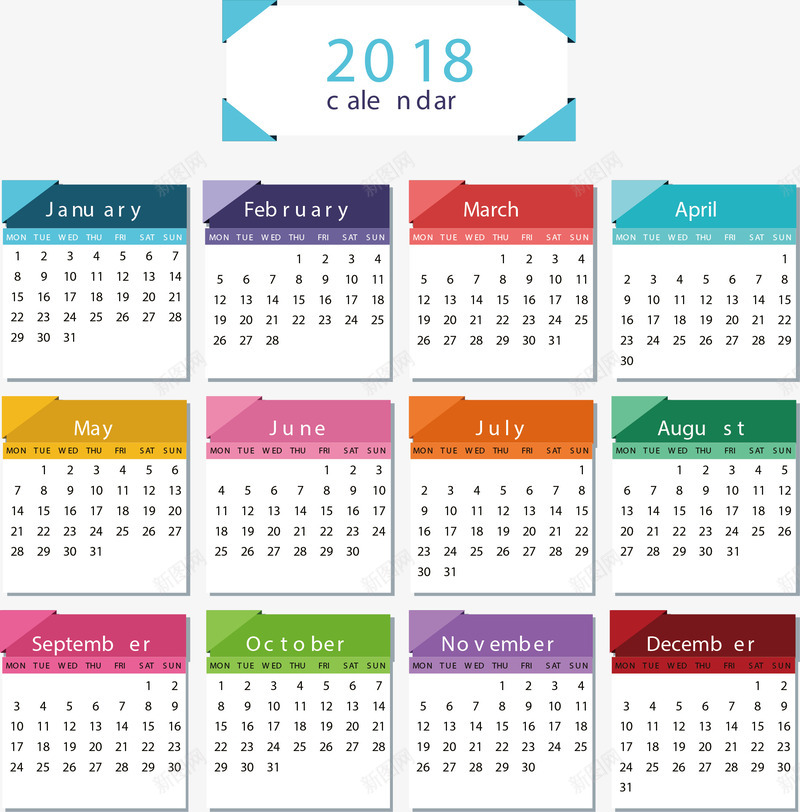 彩色标题2018日历矢量图ai免抠素材_88icon https://88icon.com 2018日历 彩色日历 彩色标题 日历 矢量png 矢量图