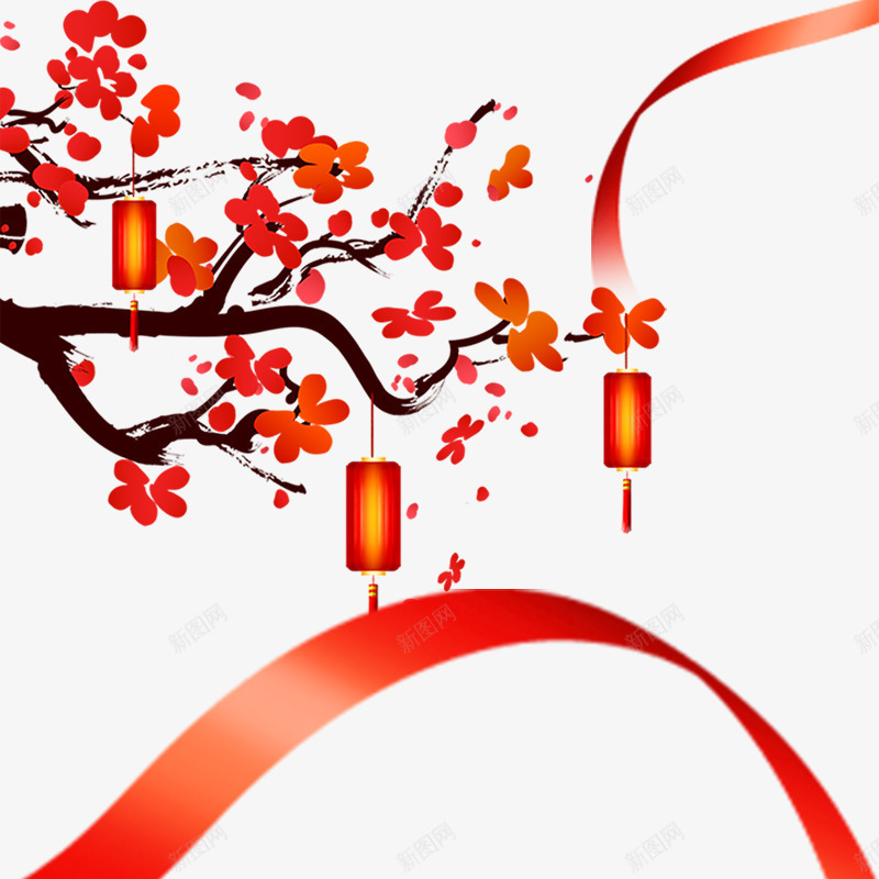 红色梅花挂灯节日元素psd免抠素材_88icon https://88icon.com 喜庆 彩带 春节 梅花 植物 灯笼 红色 节日