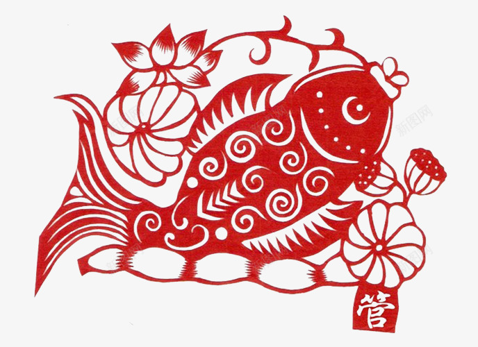 鲤鱼剪纸psd免抠素材_88icon https://88icon.com 剪纸 窗花 红色 荷花 鲤鱼