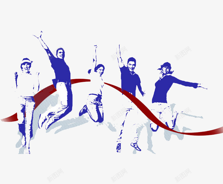 青年狂欢png免抠素材_88icon https://88icon.com 人物 兴奋 团结 团队 女孩 男孩 红色丝带 蓝色 高兴