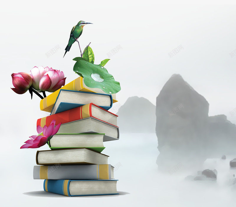 堆积的书png免抠素材_88icon https://88icon.com 书堆 书本 书籍 小鸟 山峦 荷花