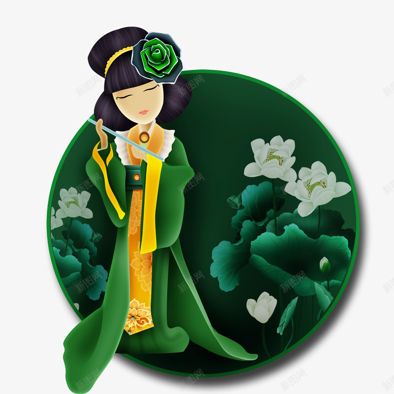 貂蝉和荷花png免抠素材_88icon https://88icon.com 四大美女之一 绿色 荷花 貂蝉