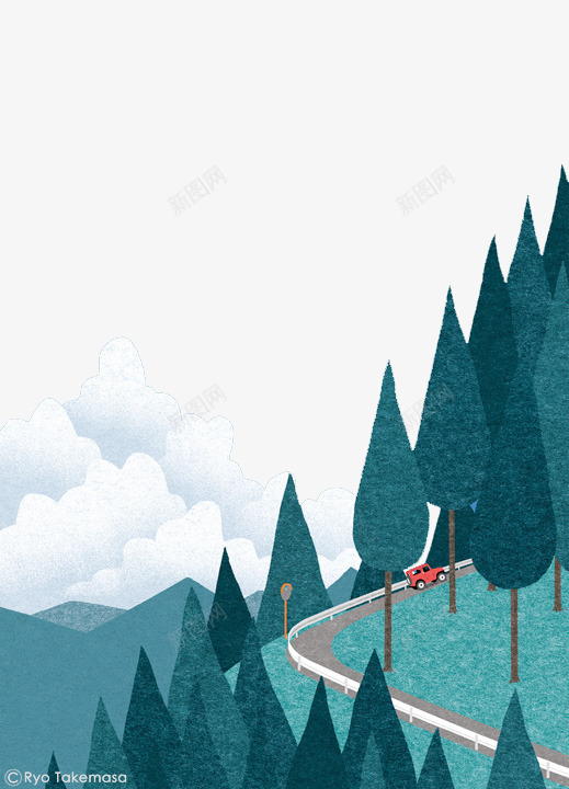 手绘盘山道上的汽车psd免抠素材_88icon https://88icon.com 创意设计 可爱卡片 手绘插画