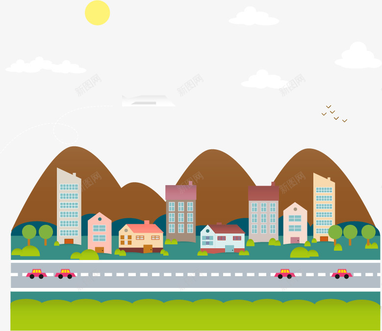 卡通马路png免抠素材_88icon https://88icon.com 卡通 卡通汽车 卡通路 房子