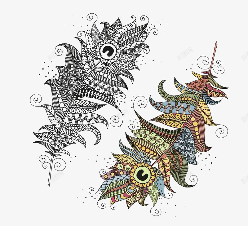 手绘艺术鱼png免抠素材_88icon https://88icon.com 圈圈 彩色 手绘 斑点 树叶 植物 艺术 黑白 黑眼珠