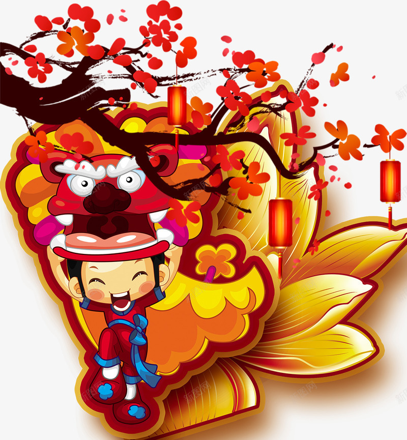 欢度元宵节psd免抠素材_88icon https://88icon.com 喜庆 梅花 红灯笼 红色 舞狮子的小孩 荷花