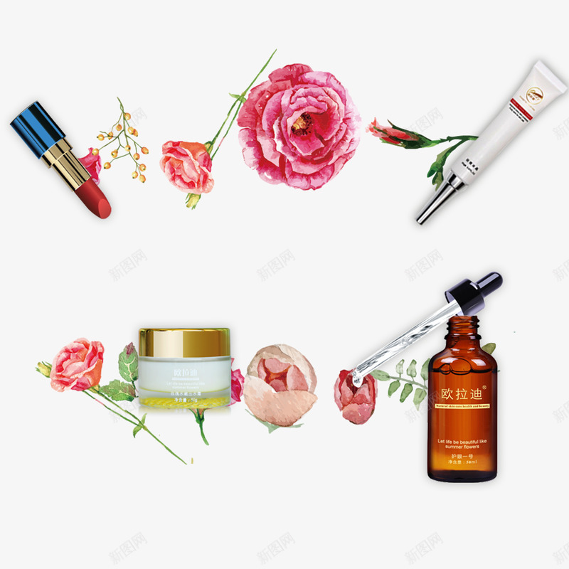花瓣口红美妆首页psd免抠素材_88icon https://88icon.com 乳液 口红 液体 粉色 精油 美妆首页 花瓣 进口 面霜护肤 香味