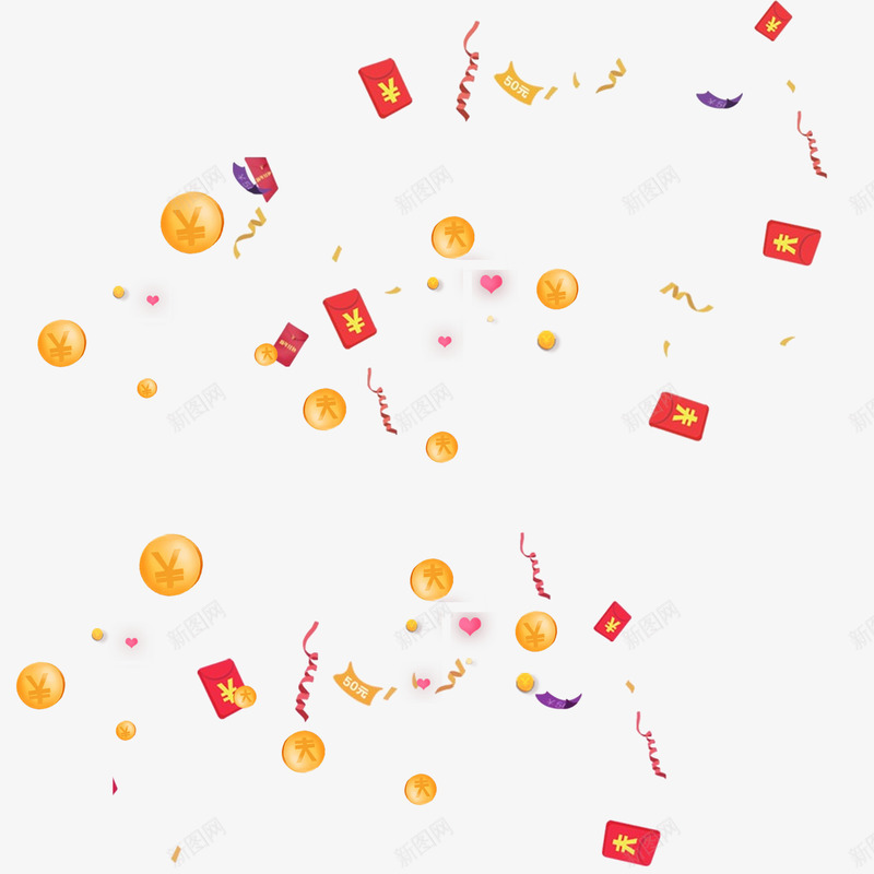 红包金币雨psd免抠素材_88icon https://88icon.com PNG素材 丝带 人民币 促销 新图网 桃心 活动 红包 纸币 财富雨 金币 钱币 飞扬的金币
