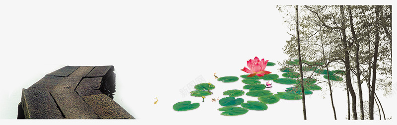 地产中国风石板桥psd免抠素材_88icon https://88icon.com 商业元素 地产中国风石板桥 大树 荷叶 荷花 金鱼 鲤鱼