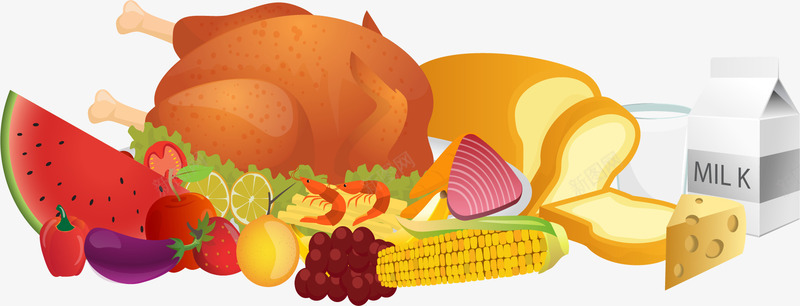合理膳食横幅介绍矢量图eps免抠素材_88icon https://88icon.com 健康搭配 合理膳食 牛奶 玉米 矢量素材 营养 蛋白质 面包 矢量图