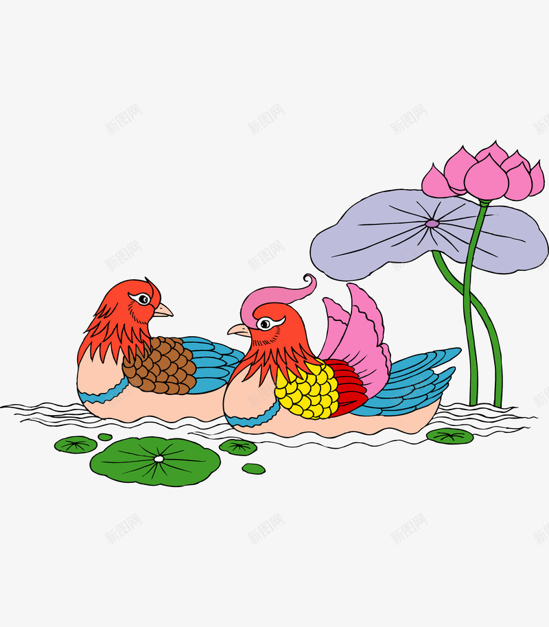 手绘卡通荷花鸳鸯png免抠素材_88icon https://88icon.com 动漫 动画 卡通 手绘 简约 网页工笔画鸳鸯 荷叶 荷花 鸳鸯