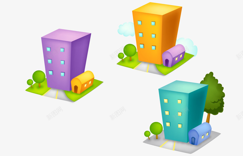 卡通手绘彩色抽象楼宇树木png免抠素材_88icon https://88icon.com