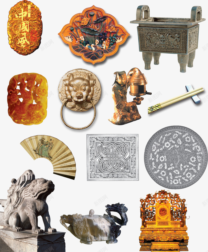 古典中国风psd免抠素材_88icon https://88icon.com 中国风 古典 地产 梅花 狮子 纸扇 茶壶 鲤鱼 鼎