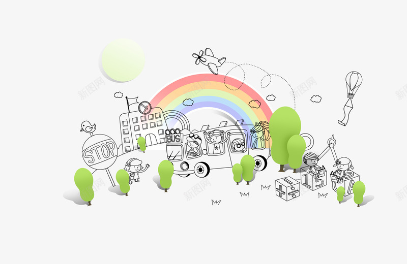 手绘卡通车人线条psd免抠素材_88icon https://88icon.com 卡通人物 太阳 彩虹 房子 手绘线条 树木 汽车 飞机