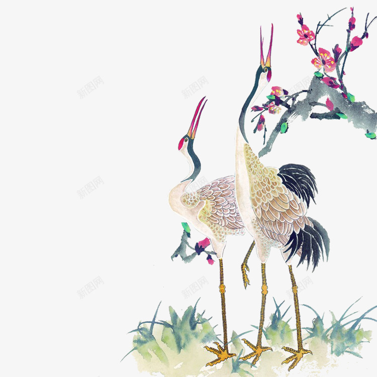 水墨画丹顶鹤梅花花枝png免抠素材_88icon https://88icon.com 丹顶鹤 梅花 水墨画 花枝