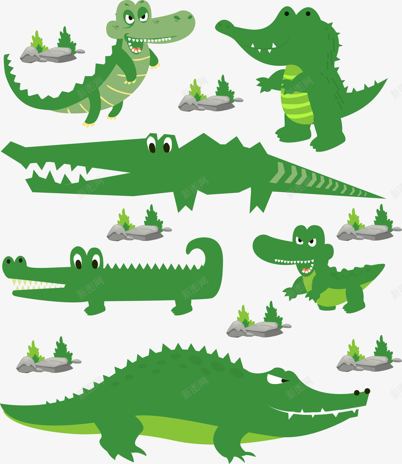 绿色卡通鳄鱼png免抠素材_88icon https://88icon.com 卡通 嘴巴 小草 尾巴 眼睛 石头 绿色 鳄鱼