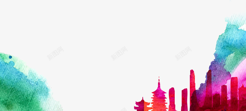 彩绘墨迹高楼剪影psd免抠素材_88icon https://88icon.com 彩绘墨迹 教育 海报背景 美术培训 高楼剪影