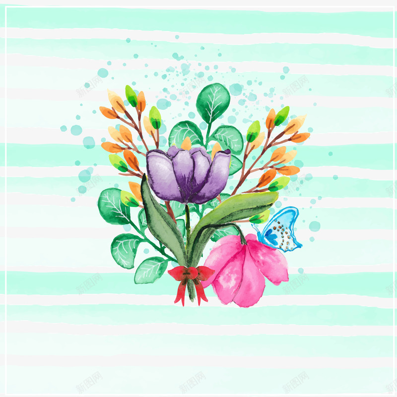 水彩画条纹背景与鲜花png免抠素材_88icon https://88icon.com 条纹 水彩画 蝴蝶 鲜花