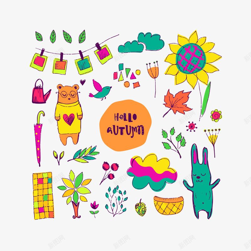 手绘各种动植物png免抠素材_88icon https://88icon.com 动物 卡通动物 向日葵 小兔子 彩色 手绘植物