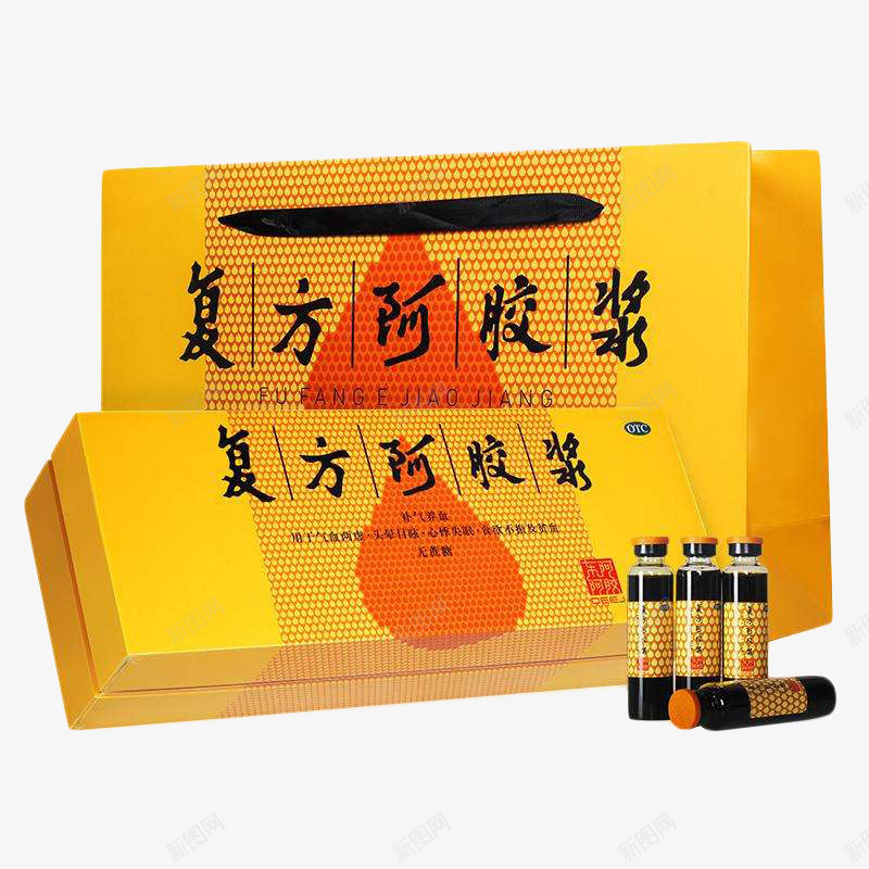 四瓶健康补气阿胶浆png免抠素材_88icon https://88icon.com 保健品 健康 女士 好喝 小瓶 水滴 益气补血 补品 阿胶浆 黄色