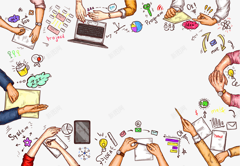 手绘开会人员矢量图ai免抠素材_88icon https://88icon.com 商业 商务 开会 彩色 手势 手绘 背景装饰 矢量图