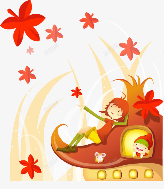 躺在树林里的孩子png免抠素材_88icon https://88icon.com 女孩 插画 枫叶 树木 男孩