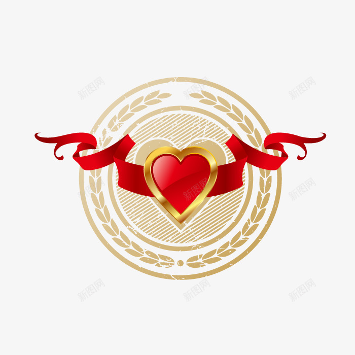 红色爱心png免抠素材_88icon https://88icon.com 丝带 矢量红色爱心 金色麦穗 飘带