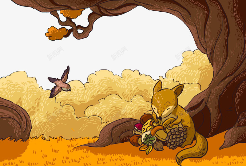 秋天手绘插画png免抠素材_88icon https://88icon.com 丰收 手绘 秋天 秋收 装饰图案 风景 黄叶