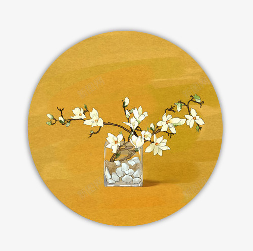 圆形花朵壁画png免抠素材_88icon https://88icon.com 手绘花 树枝上的花 花瓶里的花 装饰画