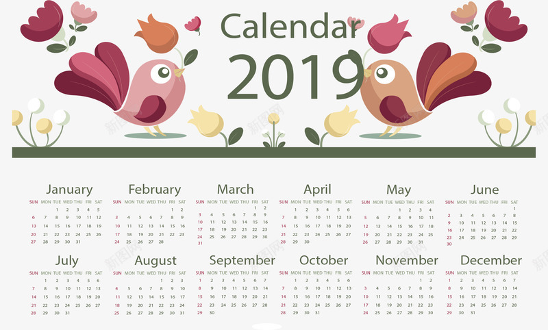 可爱小鸟新年日历矢量图ai免抠素材_88icon https://88icon.com 2019日历 小鸟日历 新年日历 日历 矢量png 矢量图