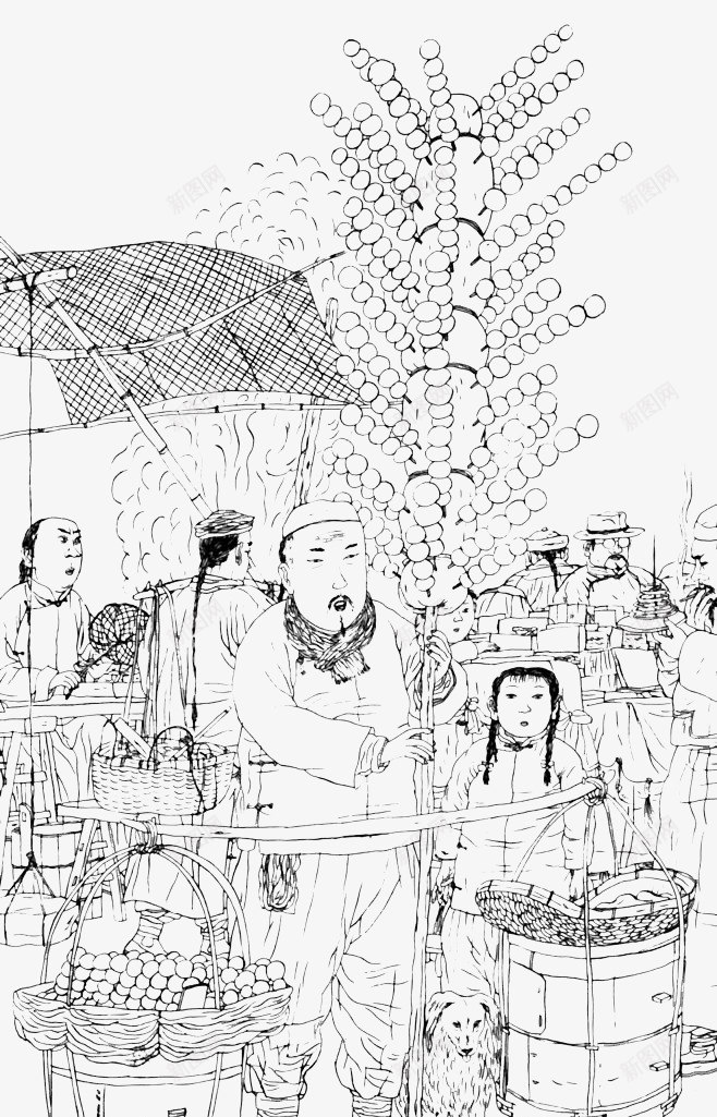 线描古代街道生活png免抠素材_88icon https://88icon.com 古代商铺街景 古代街道 古代集市 商贩 糖葫芦 线描素材