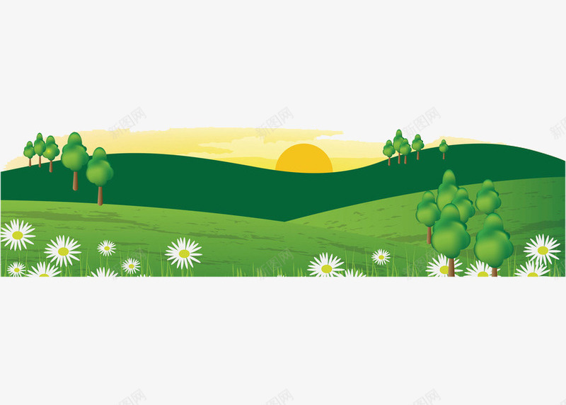 夕阳西下png免抠素材_88icon https://88icon.com 太阳 山坡 手绘 树叶 树木 树枝 绿色 花朵 草地 阳光