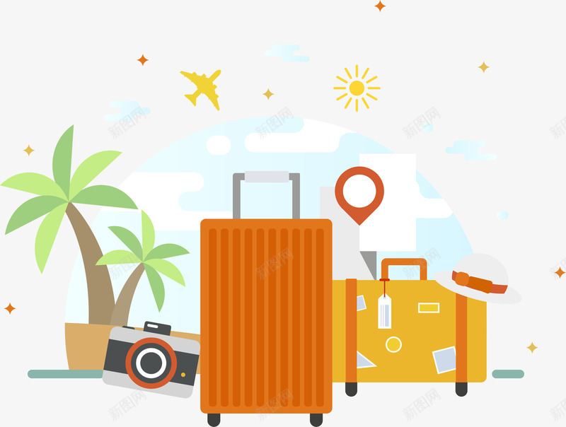 手绘卡通旅行元素创意组合png免抠素材_88icon https://88icon.com 创意组合 卡通 定位 手绘 托行李箱 旅行 旅行箱 椰子树 照相机
