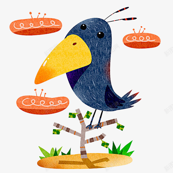 一只乌鸦png免抠素材_88icon https://88icon.com 乌鸦 卡通 可爱的 小草 手绘 插图 树枝 装饰