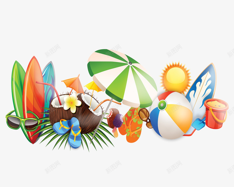 夏季旅游元素psd免抠素材_88icon https://88icon.com 冰棒 太阳 太阳伞 椰子 沙滩鞋