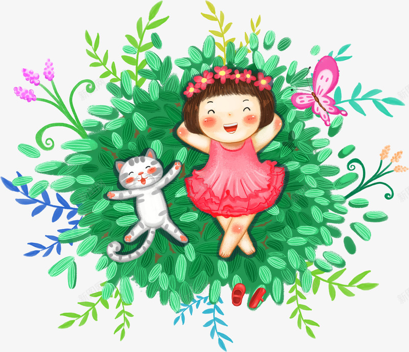 手绘躺在树枝上的女孩和猫咪png免抠素材_88icon https://88icon.com 卡通手绘 女孩 小清新 树枝 植物 猫咪 装饰图案