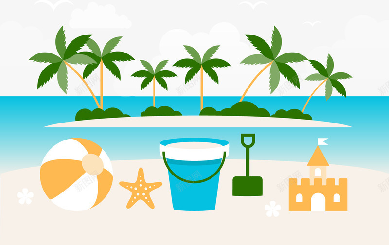 沙滩玩具png免抠素材_88icon https://88icon.com 卡通 城堡 水桶 沙滩 皮球 绿色椰树 铲子