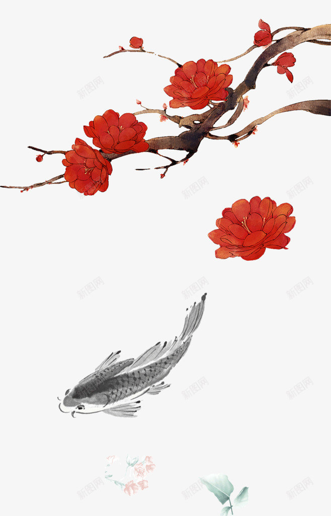 手绘红色花朵树枝png免抠素材_88icon https://88icon.com 树枝 红色 花朵