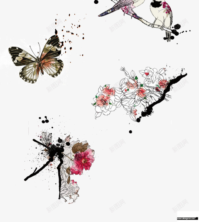 手绘红色花朵树枝png免抠素材_88icon https://88icon.com 树枝 红色 花朵