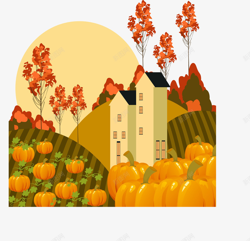 种植南瓜的村庄png免抠素材_88icon https://88icon.com 南瓜 叶子 小树 房屋 村庄 树枝 种植 黄色