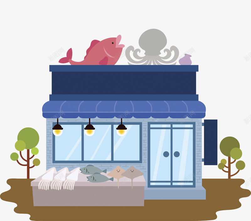 海鲜水产店png免抠素材_88icon https://88icon.com 乌贼 八爪鱼 店铺 建筑物 比目鱼 章鱼 鱿鱼